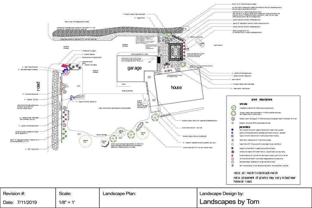 Custom residential landscape design plan featuring planting layout, drainage improvements, patio design, retaining wall placement, foundation landscaping, and perennial garden specifications for a New Hampshire property