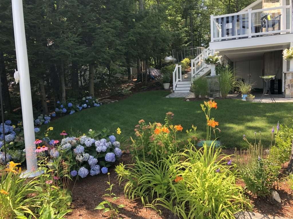 Lakefront garden landscaping with colorful perennial flower beds and waterfront lawn design by Landscapes by Tom in New Hampshire