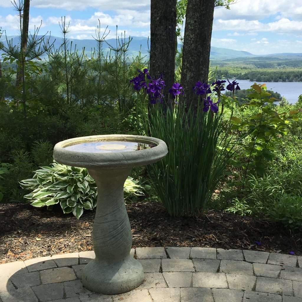 birdbath, paver patio and flowers with lake views